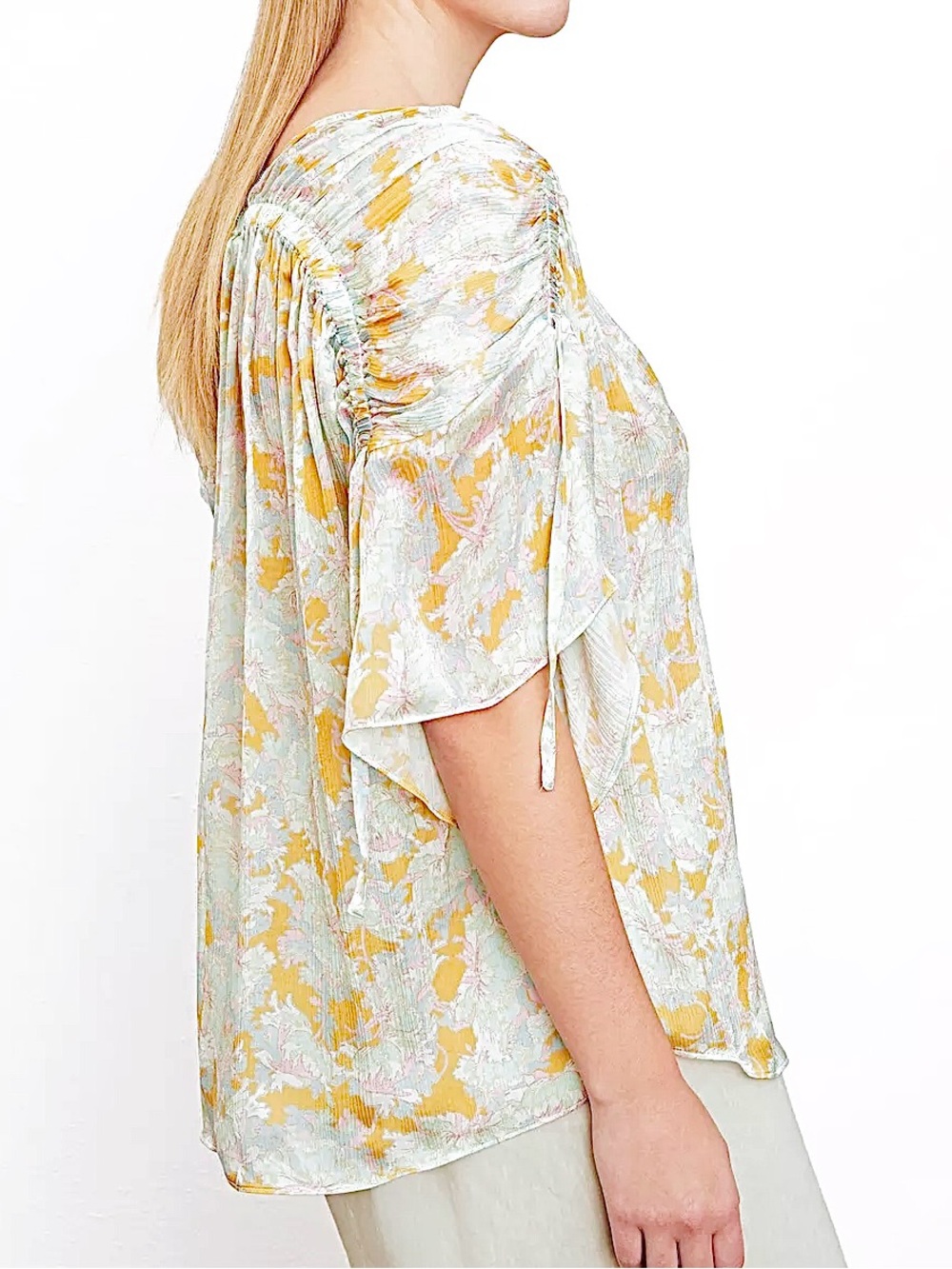 Vince SILK top Pastel Floral Flutter Sleeve Blouse